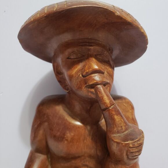 Wooden Folklore Hand Carved Asian Man Hat Pipe 11" Tall Home Decor - Picture 9 of 10